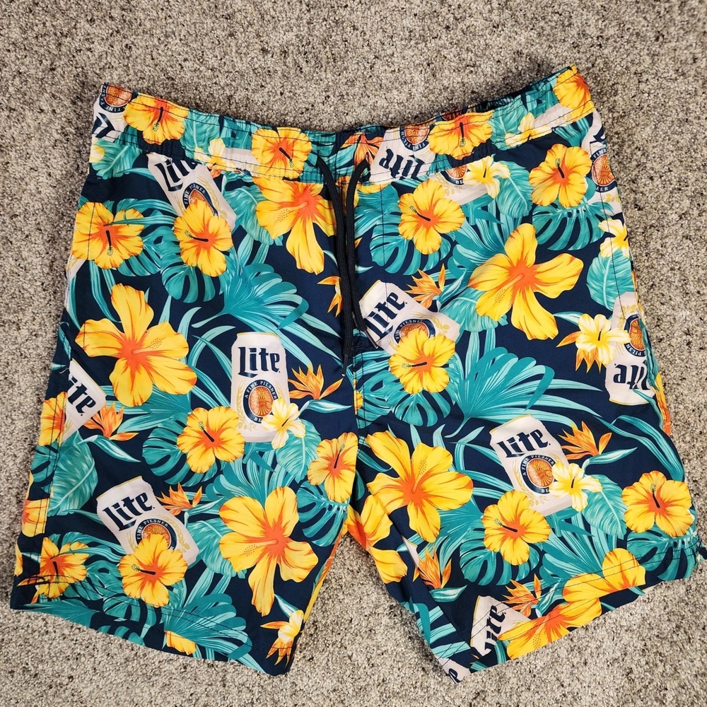 Valor Collective Miller Lite Swim Trunks Mens Medium Tropical Beer Print EUC